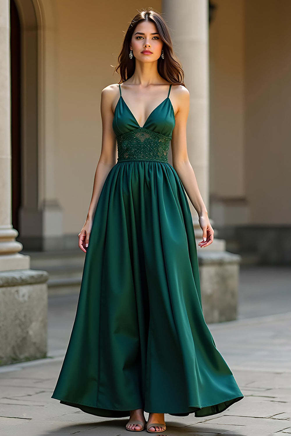 Dreamyannie A Line Dark Green Wedding Guest Dress Satin Backless Long Formal Dress