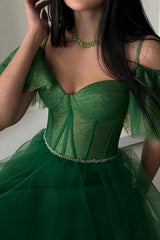 Dreamyannie A Line Green Prom Dress Off The Shoulder Tulle Sweetheart Formal Dress With Glitter