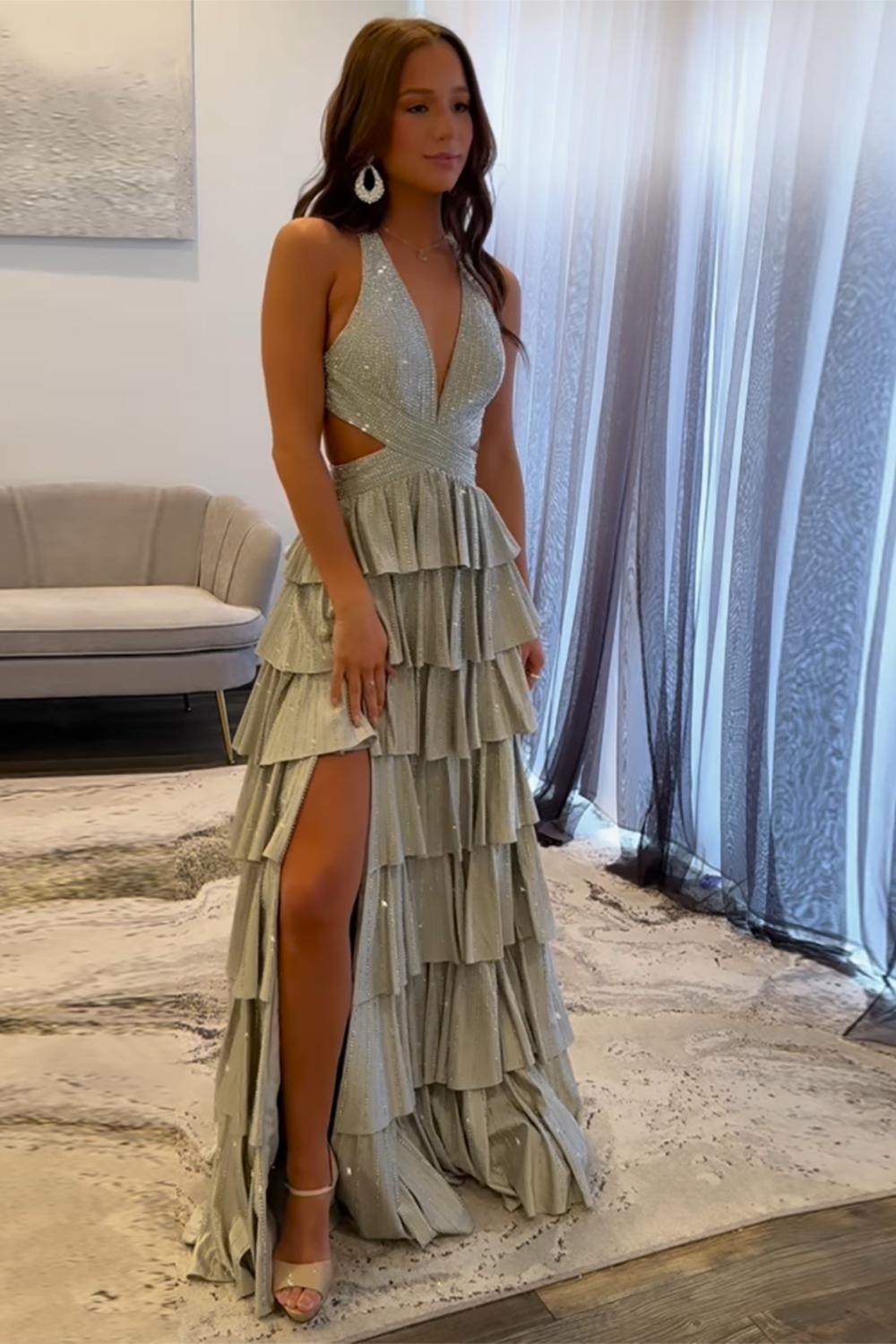 Dreamyannie A-Line Black Prom Dress Tiered Halter Long Formal Dress With Slit