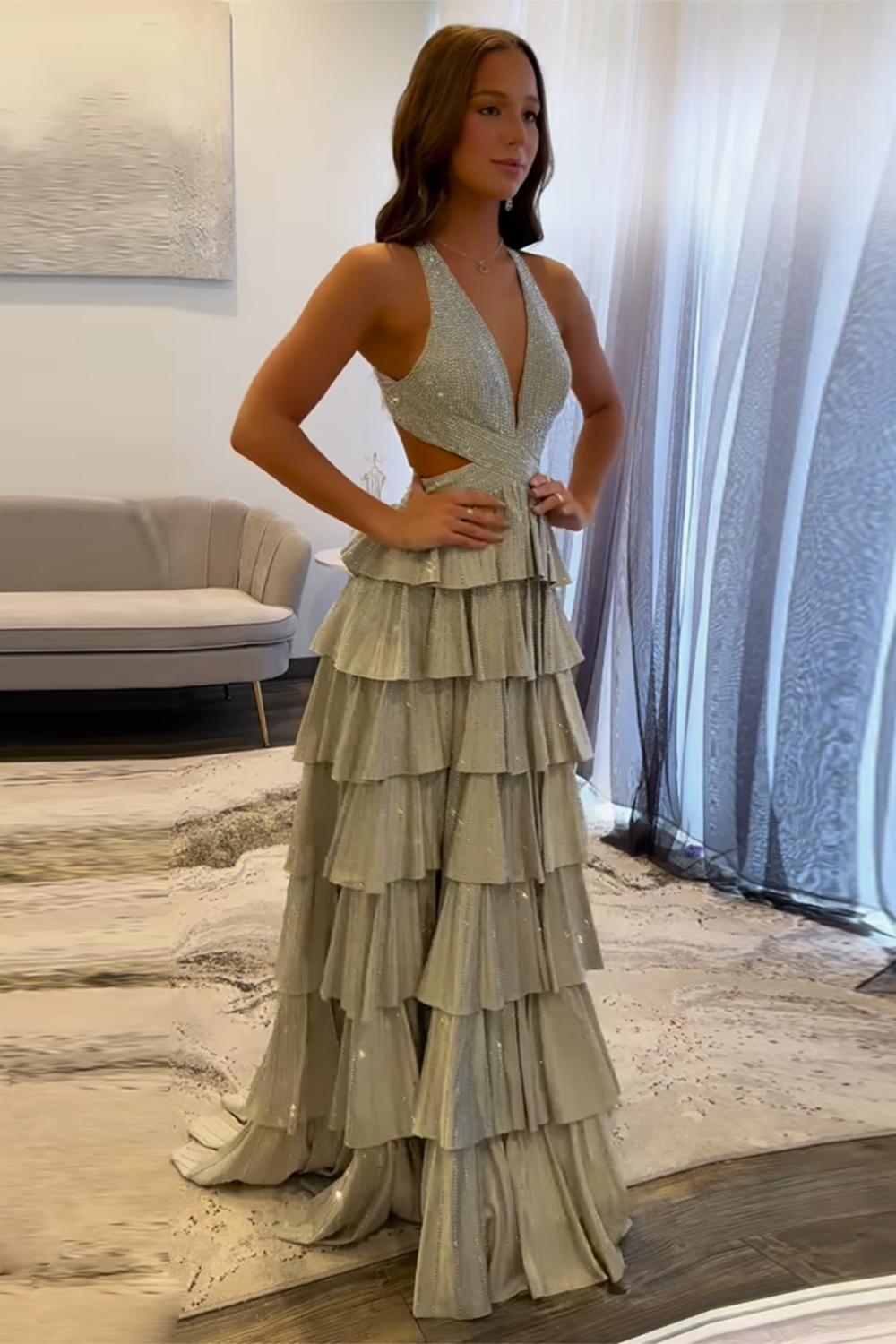 Dreamyannie A-Line Black Prom Dress Tiered Halter Long Formal Dress With Slit