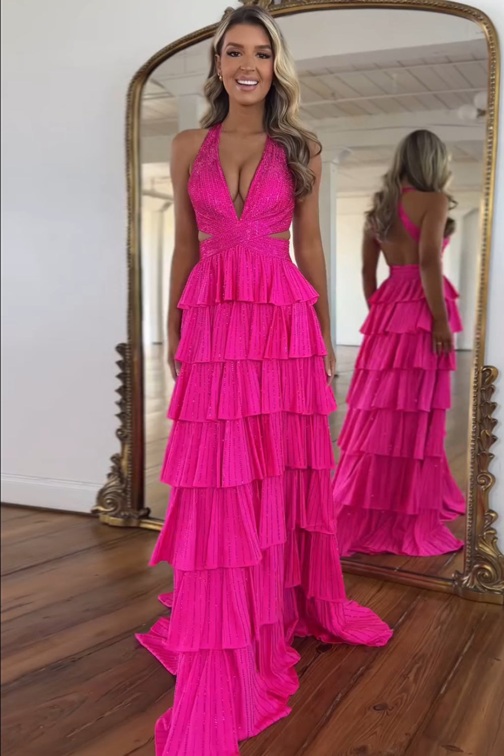Dreamyannie A-Line Black Prom Dress Tiered Halter Long Formal Dress With Slit