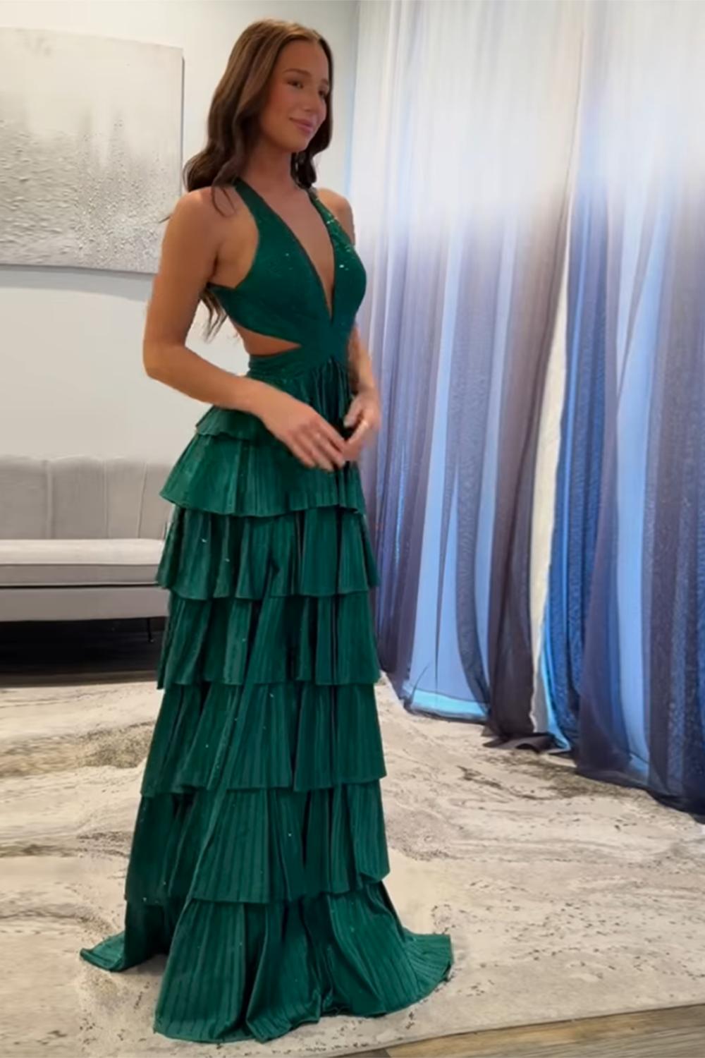 Dreamyannie A-Line Black Prom Dress Tiered Halter Long Formal Dress With Slit