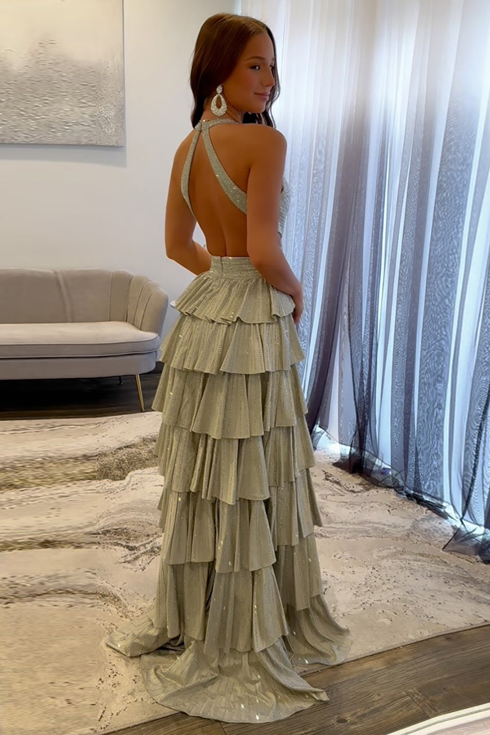 Dreamyannie A-Line Black Prom Dress Tiered Halter Long Formal Dress With Slit