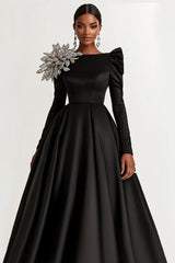 Dreamyannie A-Line Long Black Wedding Guest Dress Satin Boat Neck Formal Dress With Long Sleeves