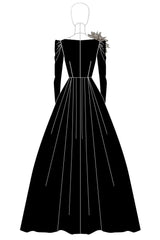 Dreamyannie A-Line Long Black Wedding Guest Dress Satin Boat Neck Formal Dress With Long Sleeves