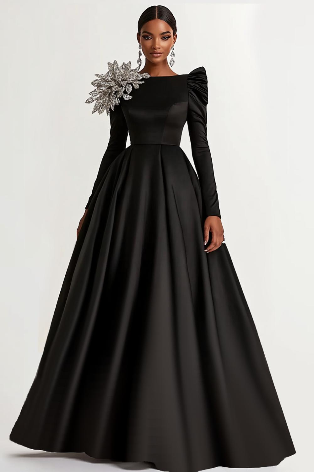 Dreamyannie A-Line Long Black Wedding Guest Dress Satin Boat Neck Formal Dress With Long Sleeves
