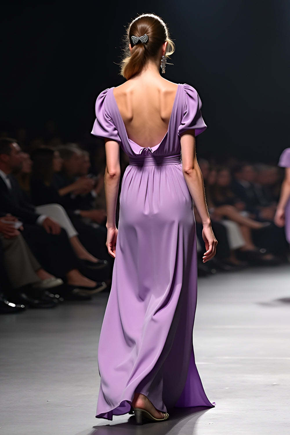 Dreamyannie A Line Long Purple Wedding Guest Dress V-Neck Wedding Guest Dress With Short Sleeves