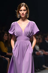 Dreamyannie A Line Long Purple Wedding Guest Dress V-Neck Wedding Guest Dress With Short Sleeves