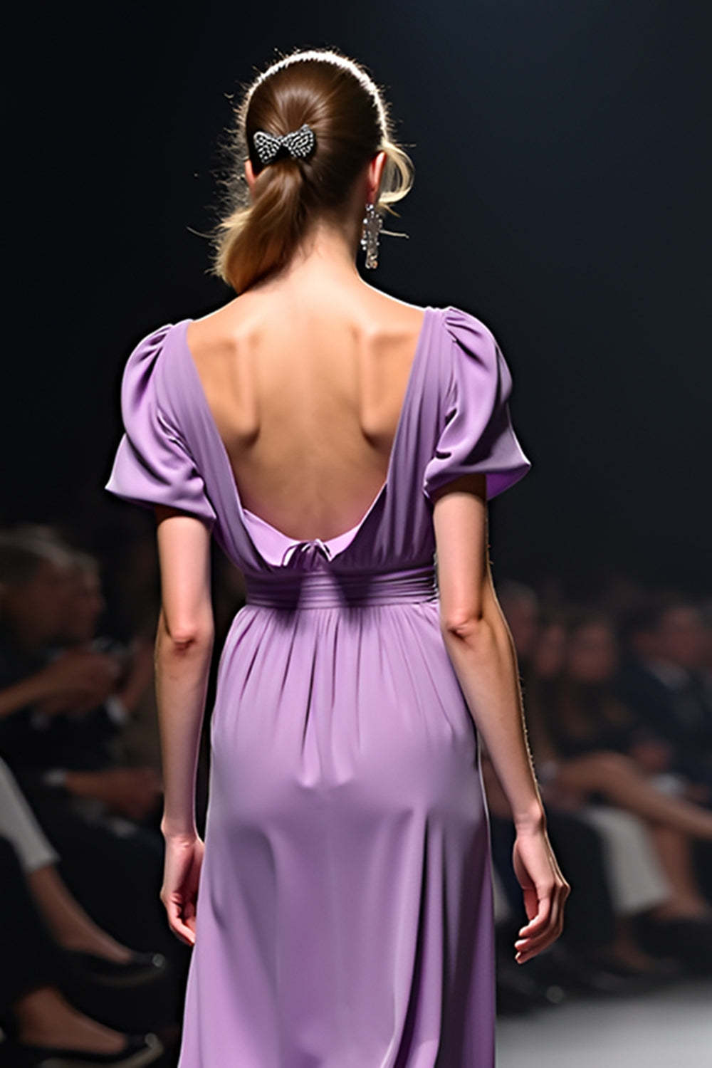Dreamyannie A Line Long Purple Wedding Guest Dress V-Neck Wedding Guest Dress With Short Sleeves