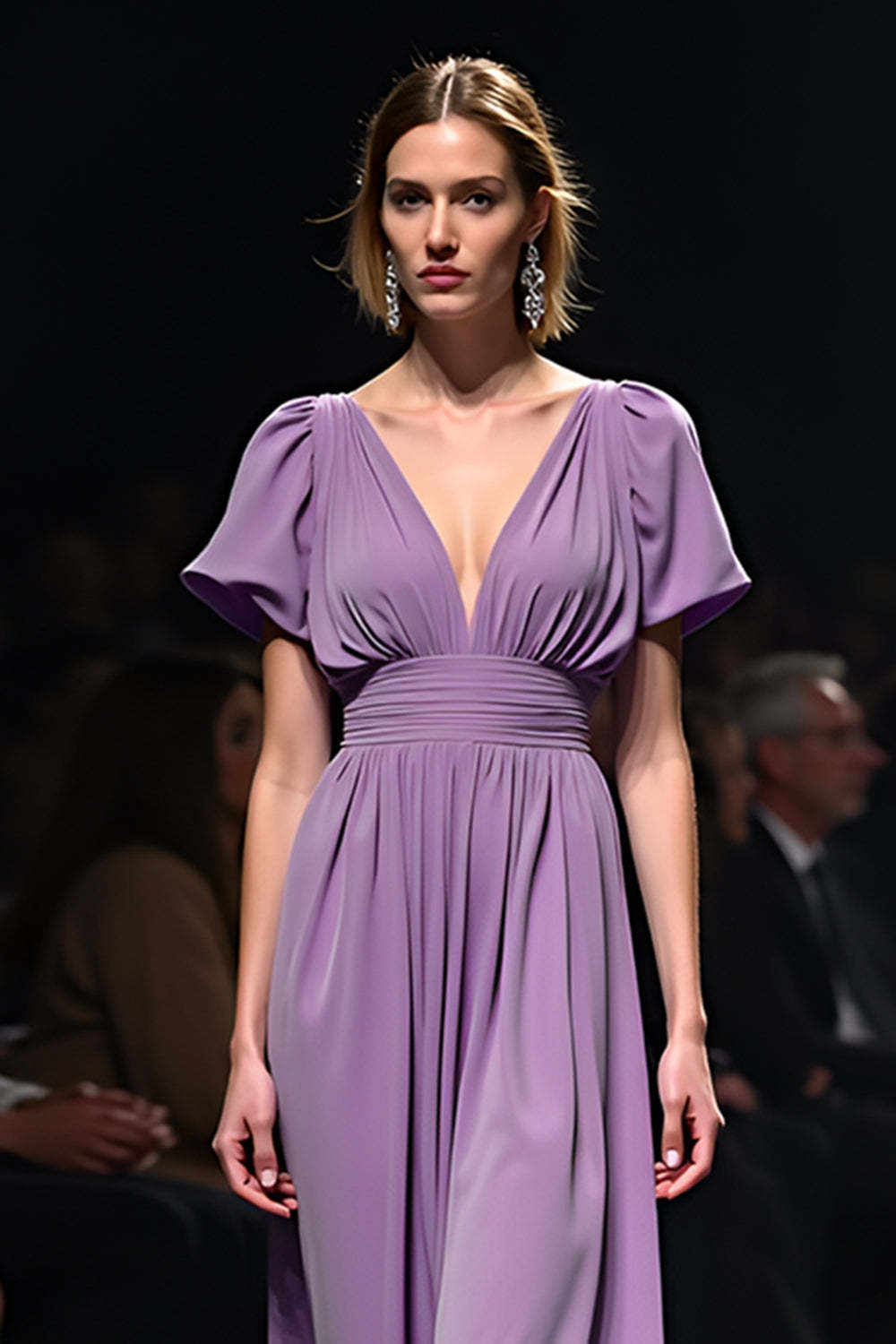 Dreamyannie A Line Long Purple Wedding Guest Dress V-Neck Wedding Guest Dress With Short Sleeves