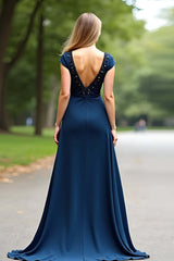 Dreamyannie A Line Navy Wedding Guest Dress V-Neck Long Formal Dress With Cap Sleeves