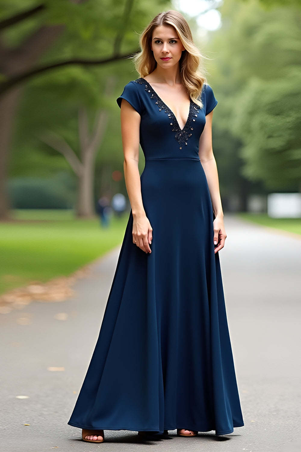 Dreamyannie A Line Navy Wedding Guest Dress V-Neck Long Formal Dress With Cap Sleeves