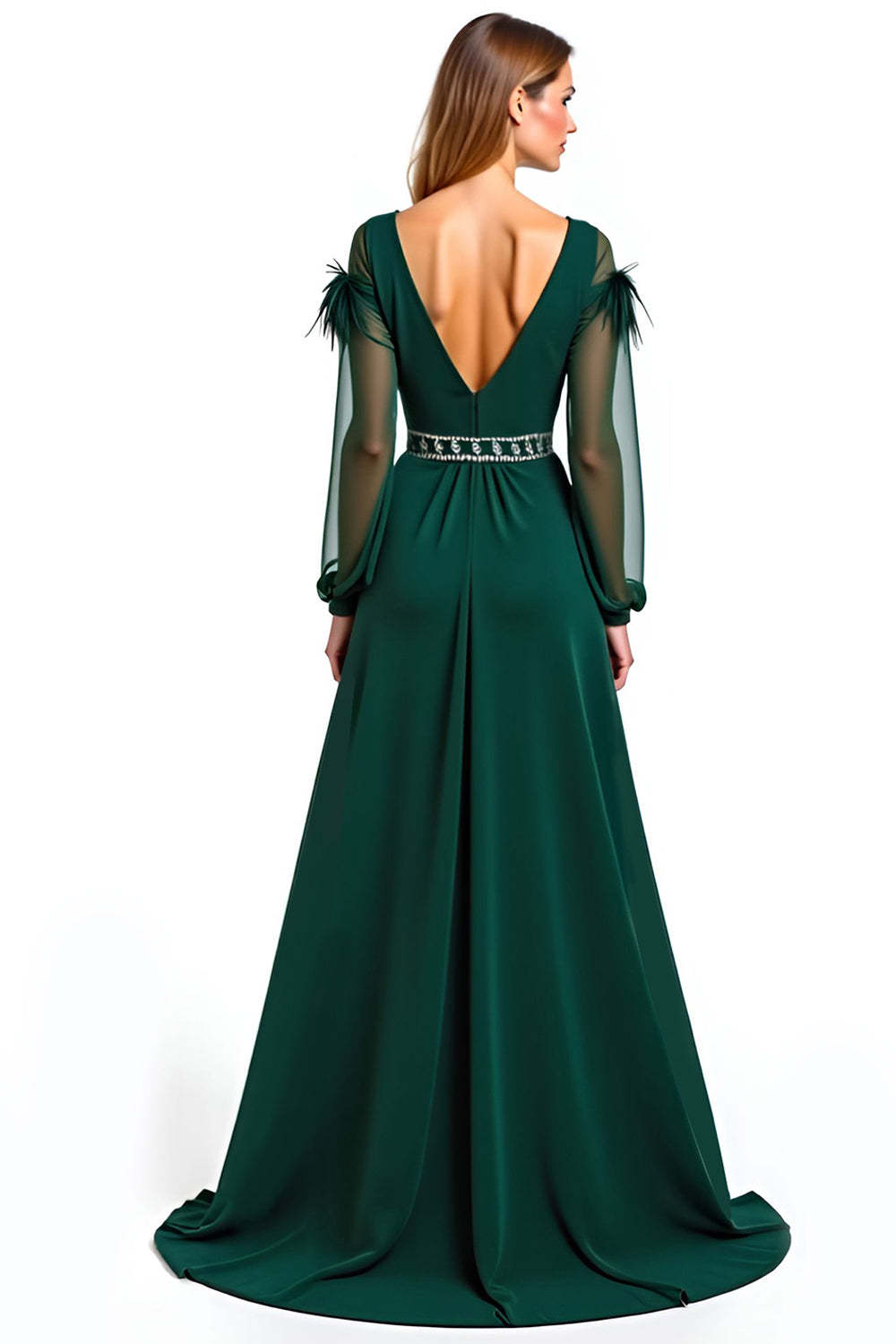 Dreamyannie A Line Pine V-Neck Long Formal Dress With Feather