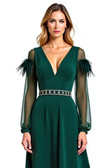 Dreamyannie A Line Pine V-Neck Long Formal Dress With Feather