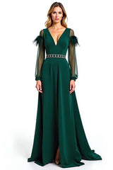 Dreamyannie A Line Pine V-Neck Long Formal Dress With Feather