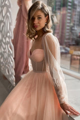 Dreamyannie A Line Pink Prom Dress Tulle Sleeves Formal Dress Peach Party Dress