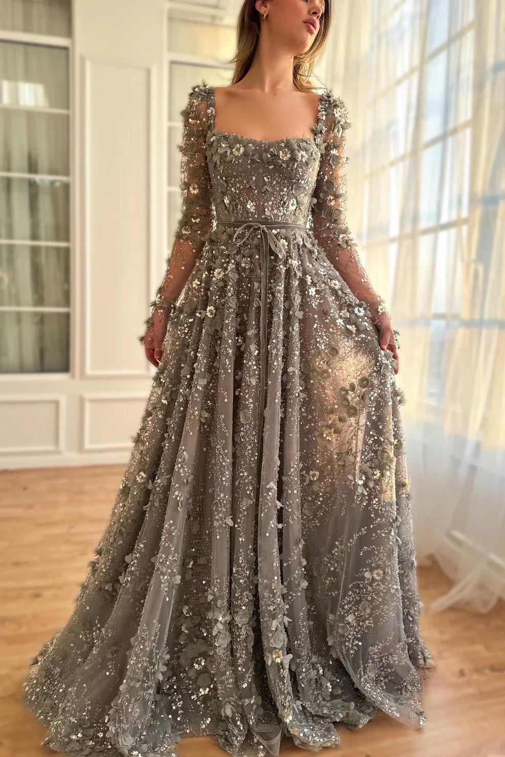 Dreamyannie A Line Prom Dress Square Neck 3D Flowers Beaded Formal Dress With Sleeves