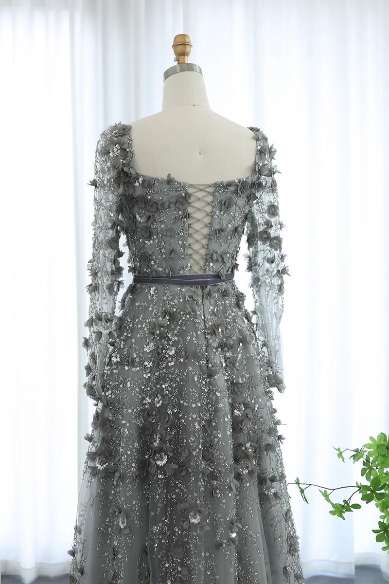 Dreamyannie A Line Prom Dress Square Neck 3D Flowers Beaded Formal Dress With Sleeves