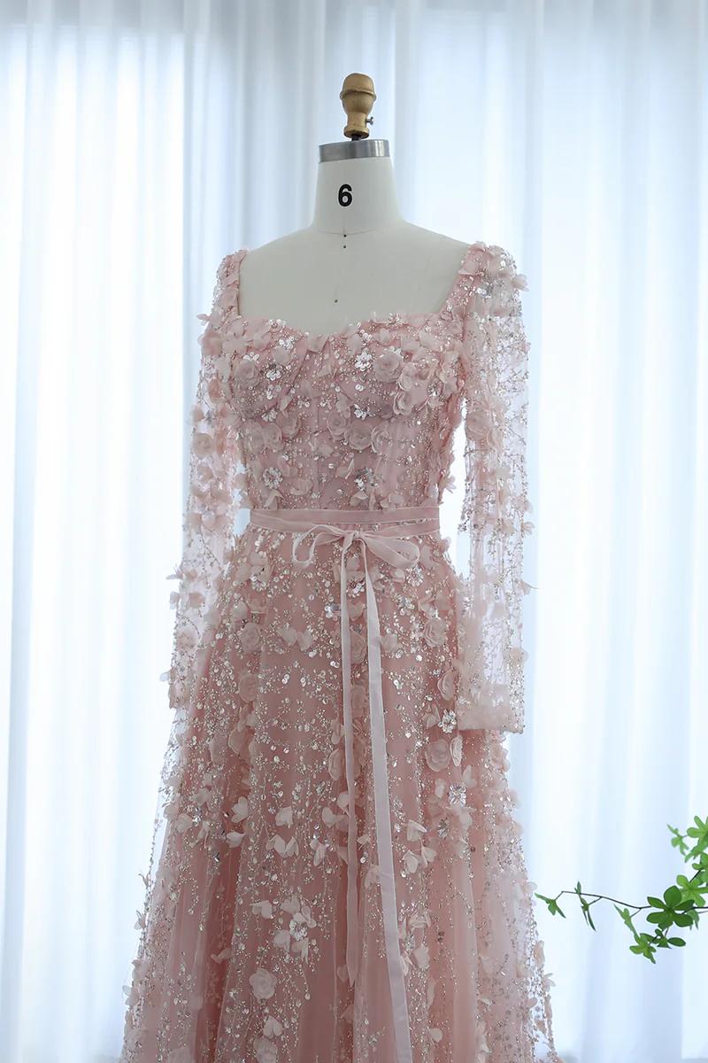Dreamyannie A Line Prom Dress Square Neck 3D Flowers Beaded Formal Dress With Sleeves