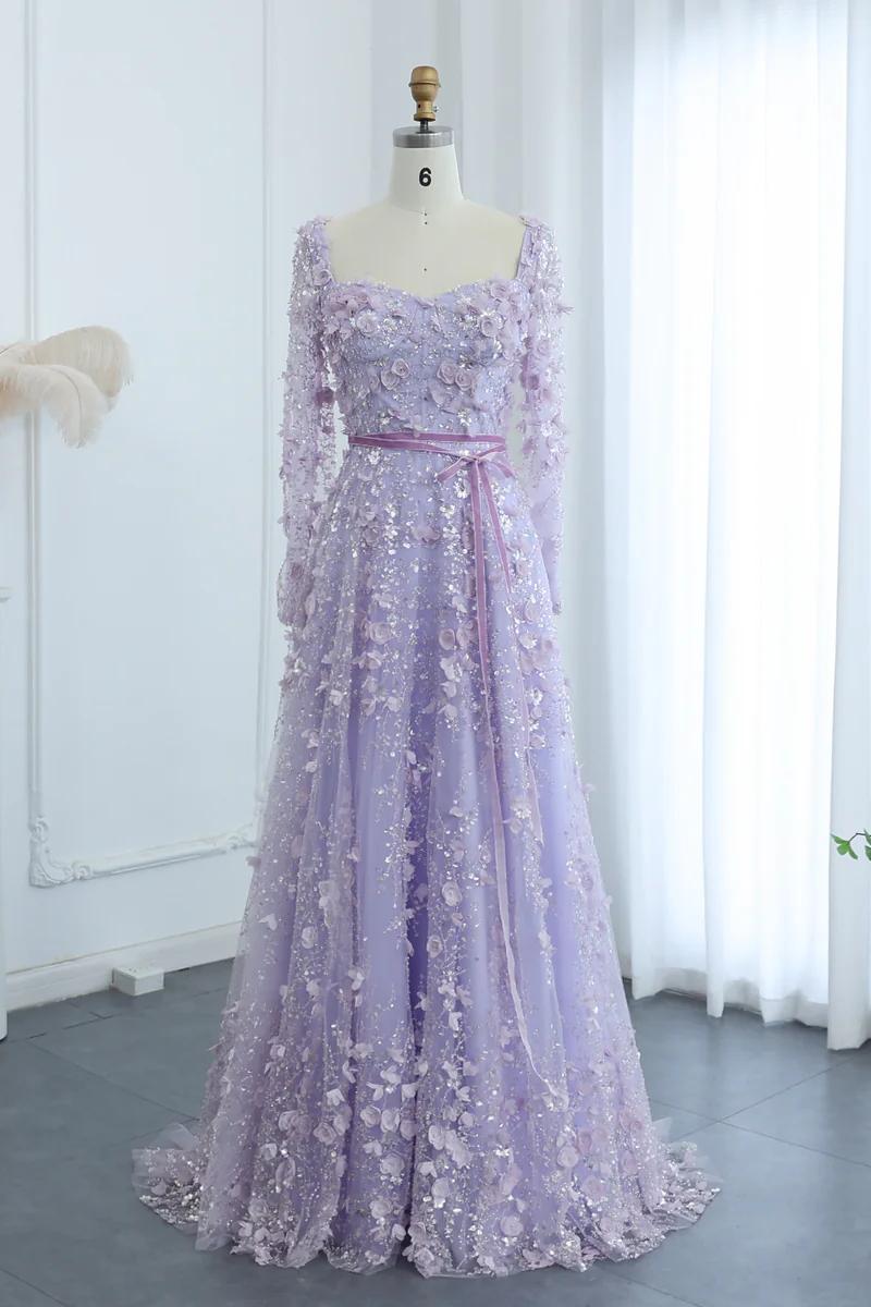 Dreamyannie A Line Prom Dress Square Neck 3D Flowers Beaded Formal Dress With Sleeves
