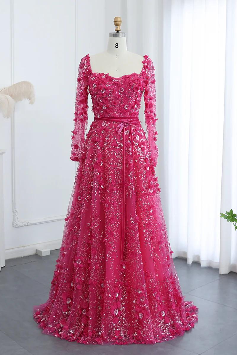 Dreamyannie A Line Prom Dress Square Neck 3D Flowers Beaded Formal Dress With Sleeves