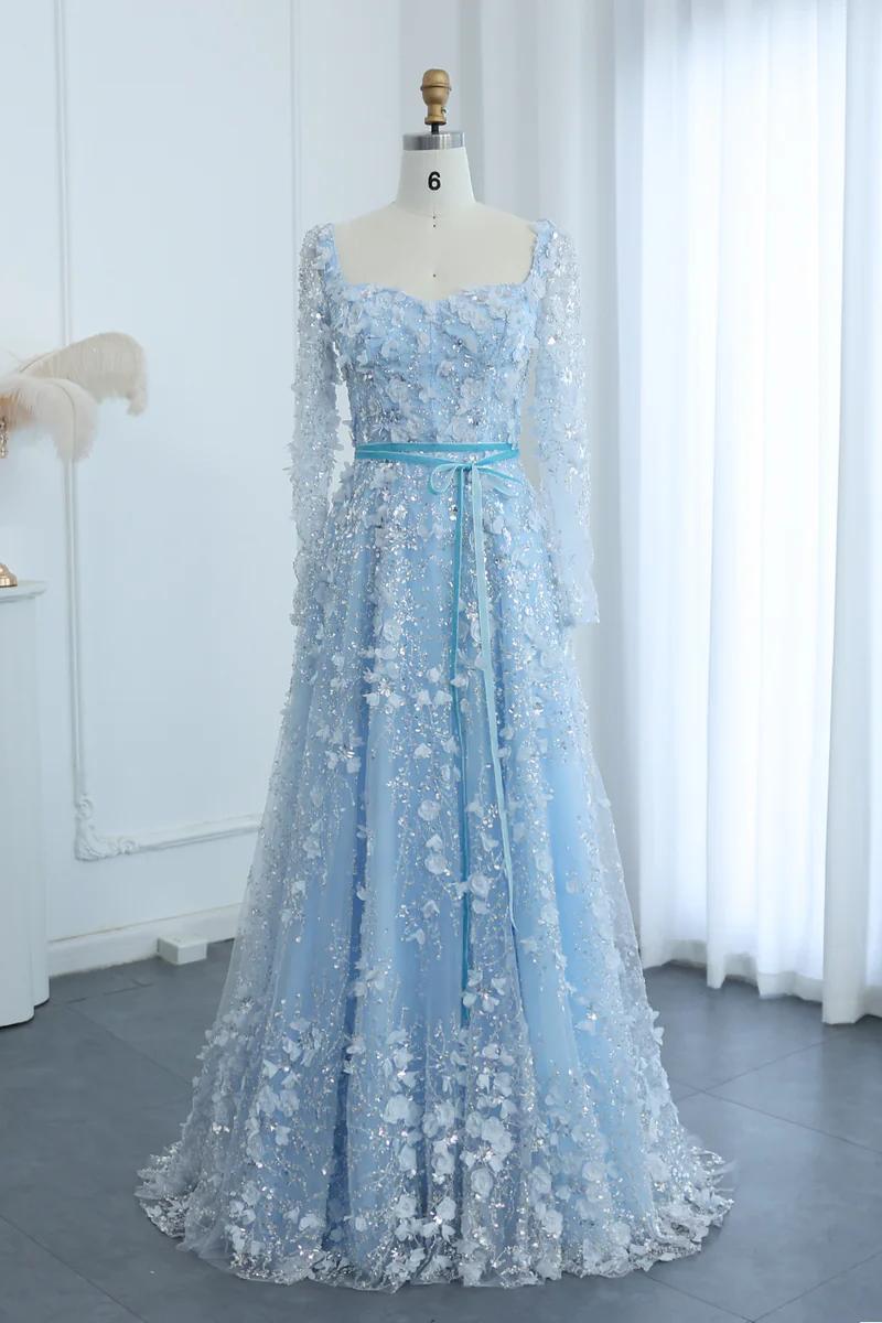 Dreamyannie A Line Prom Dress Square Neck 3D Flowers Beaded Formal Dress With Sleeves