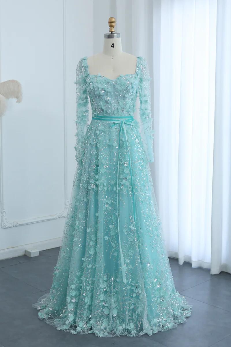 Dreamyannie A Line Prom Dress Square Neck 3D Flowers Beaded Formal Dress With Sleeves