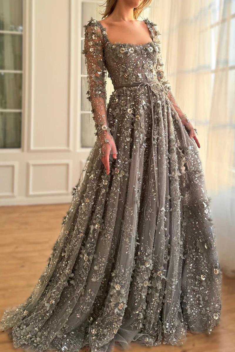 Dreamyannie A Line Prom Dress Square Neck 3D Flowers Beaded Formal Dress With Sleeves