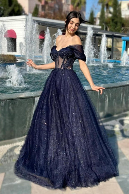 Dreamyannie A Line Prom Dress Tulle Off The Shoulder Sleeveless Formal Dress With Appliques