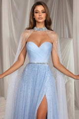 Dreamyannie A Line Prom Dress Tulle Sweetheart Sleeveless Blue Formal Dress With Slit