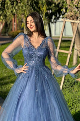 Dreamyannie A Line Prom Dress Tulle V Neck Sleeve Formal Dress With Appliques