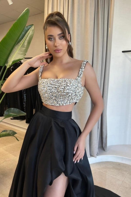 Dreamyannie A Line Prom Dress Two Piece Satin Square Sleeveless Black Formal Dress With Split
