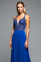 Dreamyannie A Line Royal Blue Wedding Guest Dress Long Chiffon Formal Dress With Beading