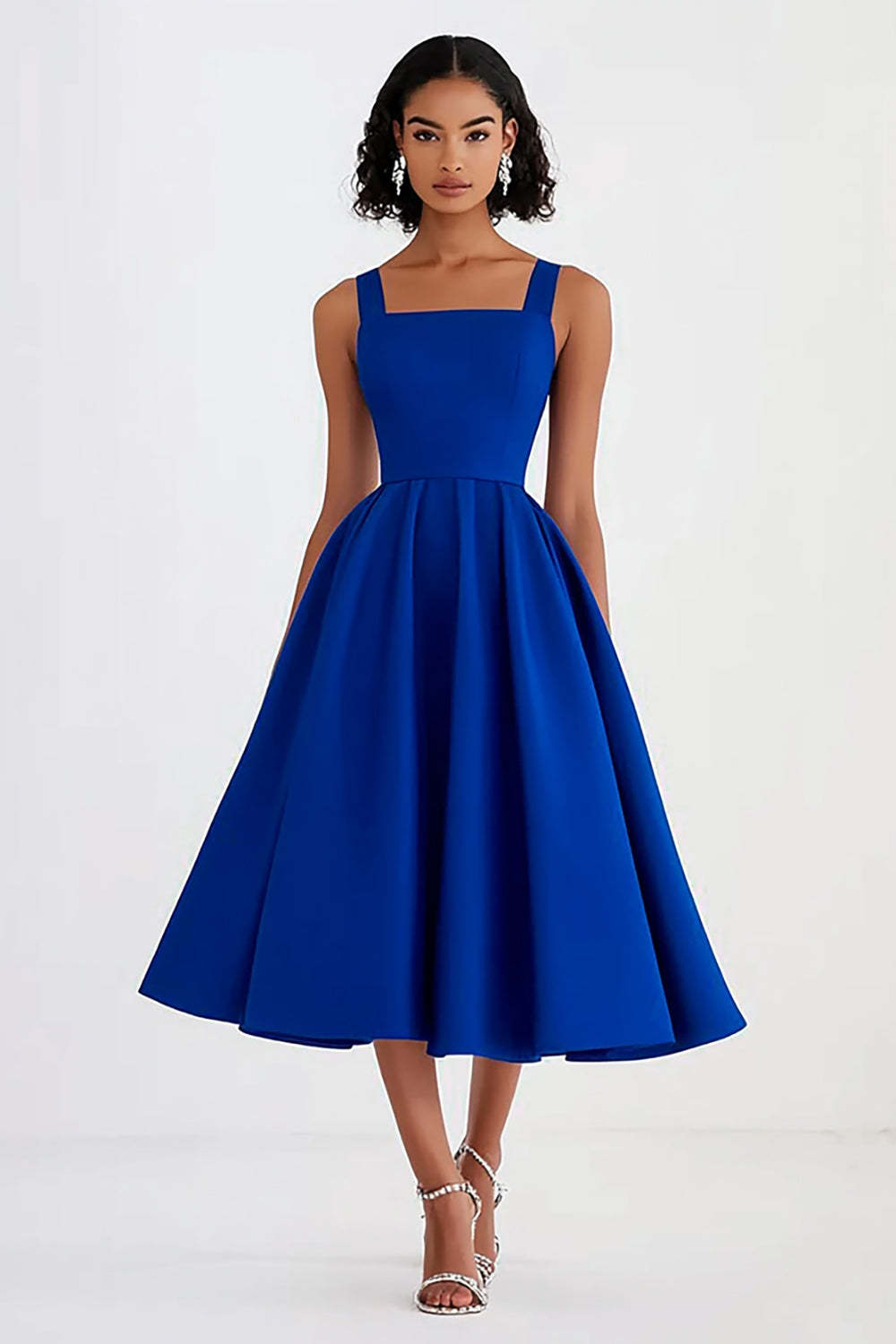 Dreamyannie A Line Royal Blue Wedding Guest Dress Square Neck Knee-Length Formal Dress