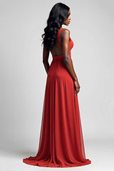 Dreamyannie A Line Ruched Red Wedding Guest Dress Backless Long Formal Dress