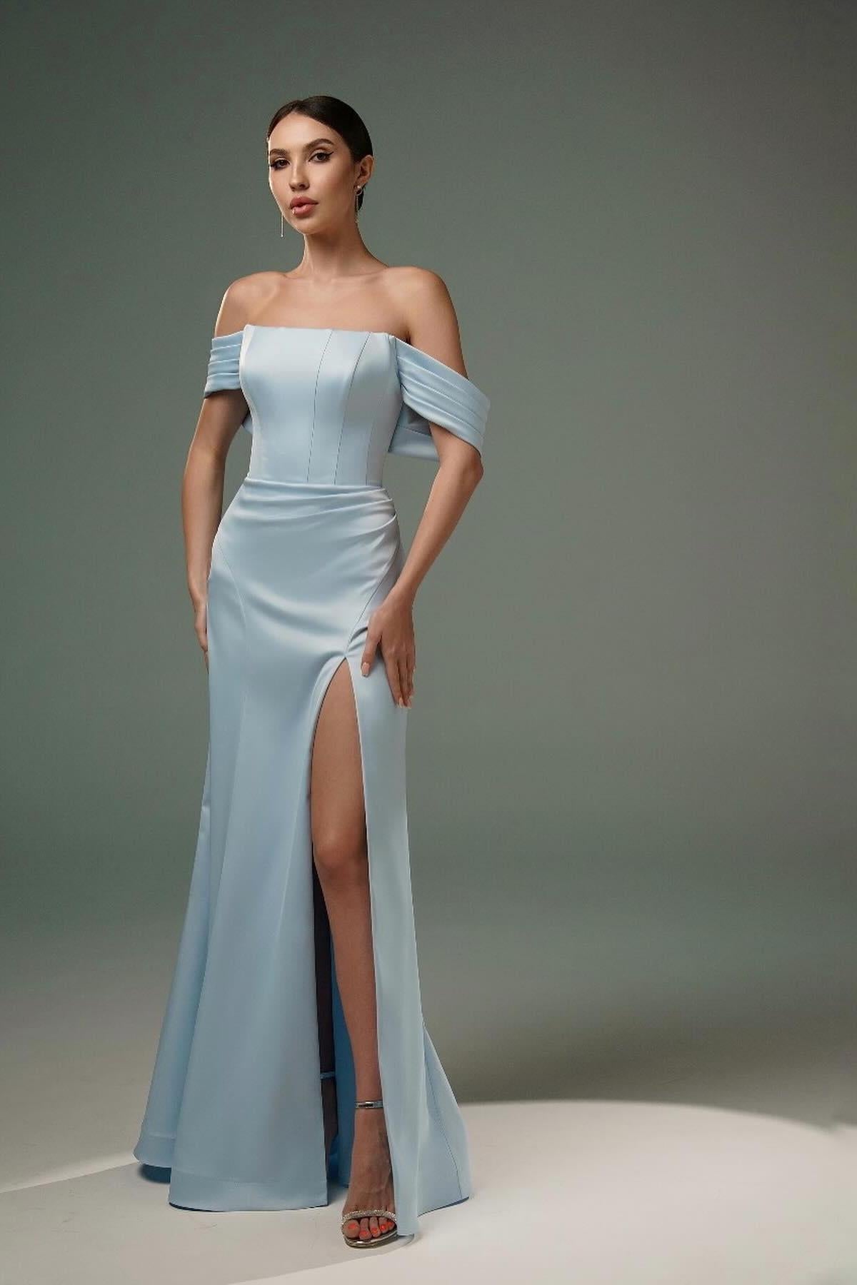 Dreamyannie A Line Satin Off The Shoulder Sleeveless Evening Dress With Slit