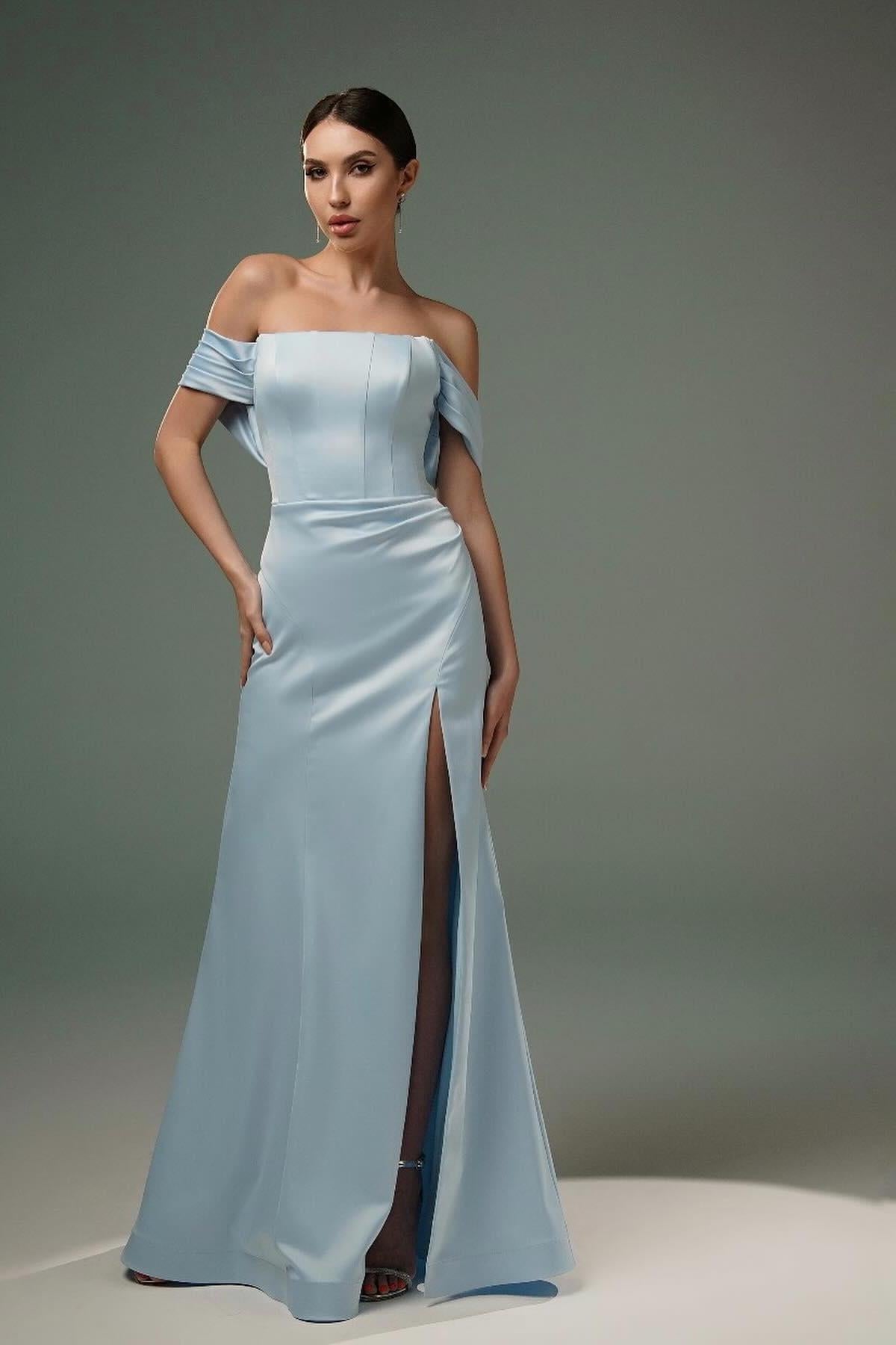 Dreamyannie A Line Satin Off The Shoulder Sleeveless Evening Dress With Slit