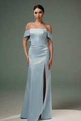 Dreamyannie A Line Satin Off The Shoulder Sleeveless Evening Dress With Slit