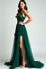 Dreamyannie A Line Spaghetti Straps Dark Green Wedding Guest Dress Long Formal Dress With Slit