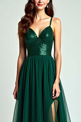 Dreamyannie A Line Spaghetti Straps Dark Green Wedding Guest Dress Long Formal Dress With Slit
