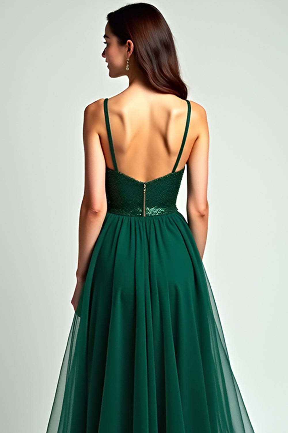 Dreamyannie A Line Spaghetti Straps Dark Green Wedding Guest Dress Long Formal Dress With Slit