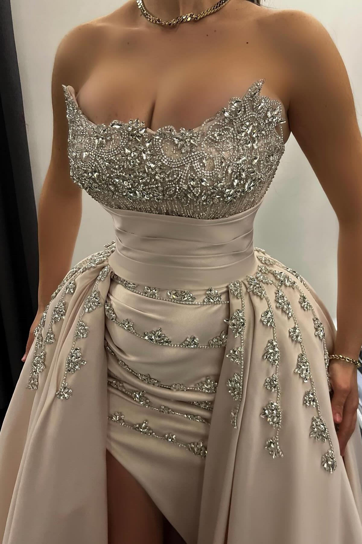 Dreamyannie A Line Strapless Beading Sleeveless Slit Satin Formal Dress With Rhinestones