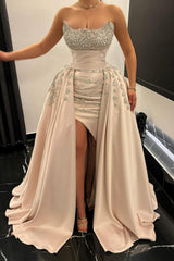 Dreamyannie A Line Strapless Beading Sleeveless Slit Satin Formal Dress With Rhinestones