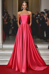 Dreamyannie A Line Strapless Satin Watermelon Long Formal Dress
