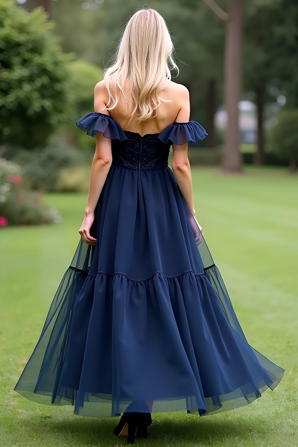 Dreamyannie A Line Tulle Navy Wedding Guest Dress Sweetheart Ankle-Length Formal Dress
