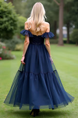 Dreamyannie A Line Tulle Navy Wedding Guest Dress Sweetheart Ankle-Length Formal Dress