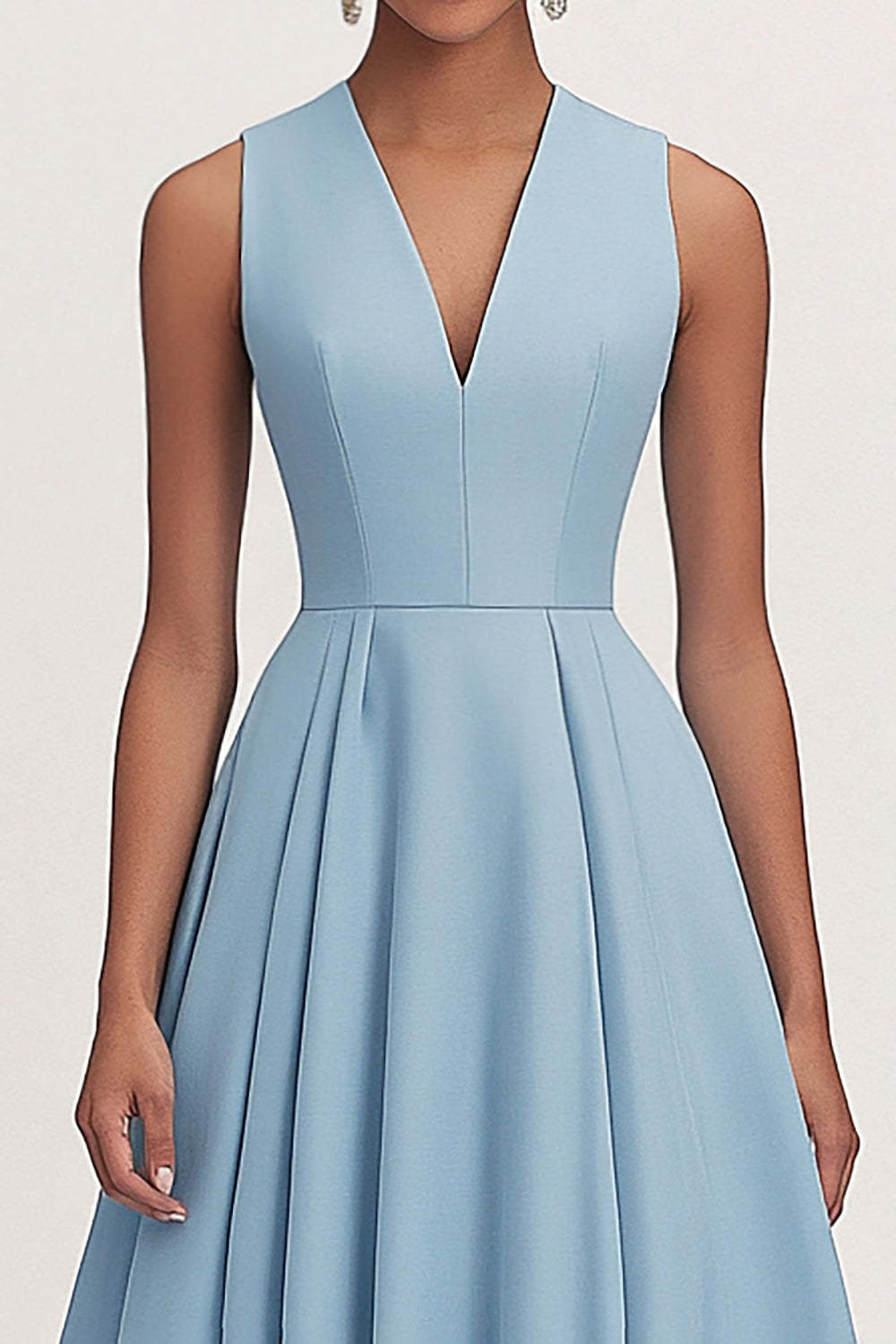 Dreamyannie A Line V Neck Blue Wedding Guest Dress Tea Length Formal Dress