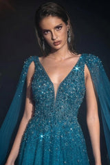 Dreamyannie A Line V Neck Prom Dress Beaded Sequined Cap Sleeves Floor Length Tulle Formal Dress