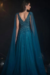 Dreamyannie A Line V Neck Prom Dress Beaded Sequined Cap Sleeves Floor Length Tulle Formal Dress
