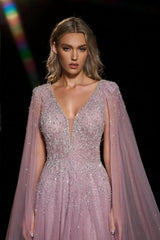Dreamyannie A Line V Neck Prom Dress Beaded Sequined Cap Sleeves Floor Length Tulle Formal Dress